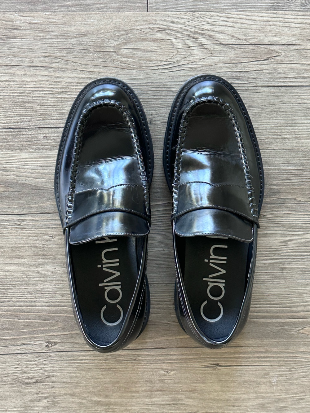 Calvin Klein Black Patent Leather Lug Sole Penny Loafers unisex men/women